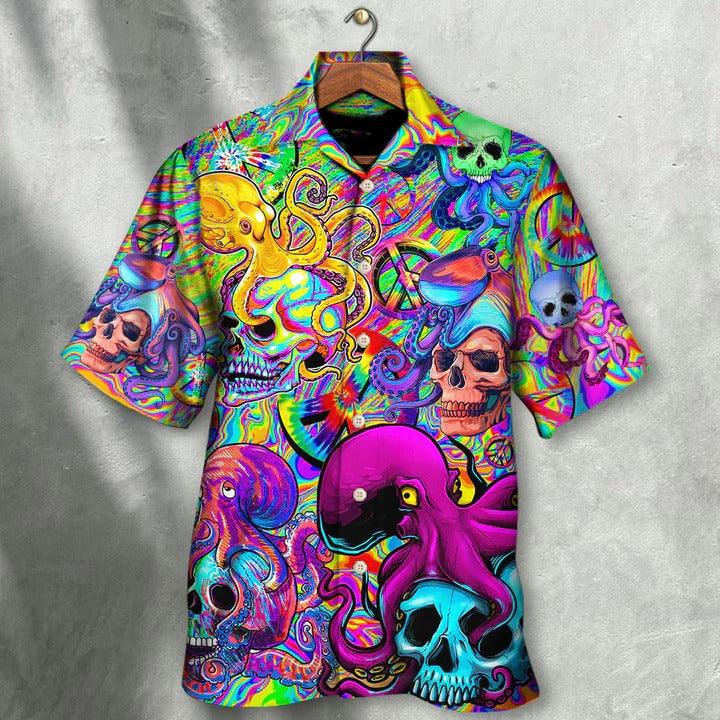 Hippie Aloha Hawaiian Shirt - Hippie Skull Octopus Colorful Tie Dye Hawaiian Shirt For Summer - Perfect Gift For Friend, Family - Amzanimalsgift