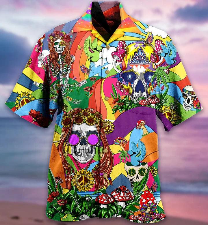 Hippie Aloha Hawaiian Shirt - Hippie Skull Peace Life Color So Funny Hawaiian Shirt For Summer - Perfect Gift For Friend, Family - Amzanimalsgift