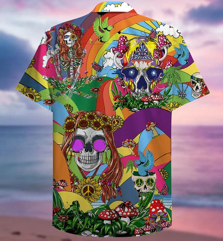 Hippie Aloha Hawaiian Shirt - Hippie Skull Peace Life Color So Funny Hawaiian Shirt For Summer - Perfect Gift For Friend, Family - Amzanimalsgift