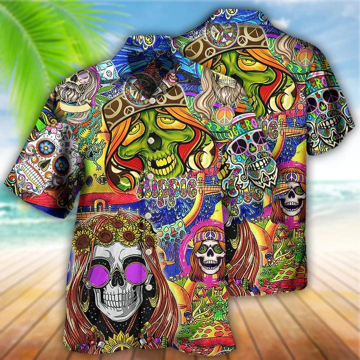 Hippie Aloha Hawaiian Shirt - Hippie Skull Rock And Roll Hawaiian Shirt For Summer - Perfect Gift For Friend, Family - Amzanimalsgift