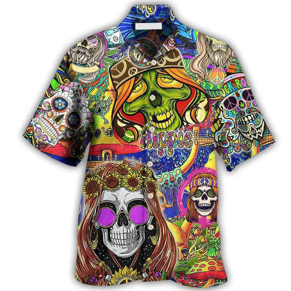 Hippie Aloha Hawaiian Shirt - Hippie Skull Rock And Roll Hawaiian Shirt For Summer - Perfect Gift For Friend, Family - Amzanimalsgift
