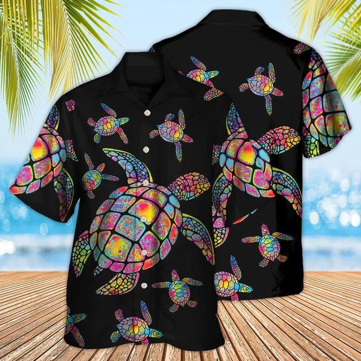 Hippie Aloha Hawaiian Shirt - Hippie Turtle Love Ocean Black Style Hawaiian Shirt For Summer - Perfect Gift For Friend, Family - Amzanimalsgift