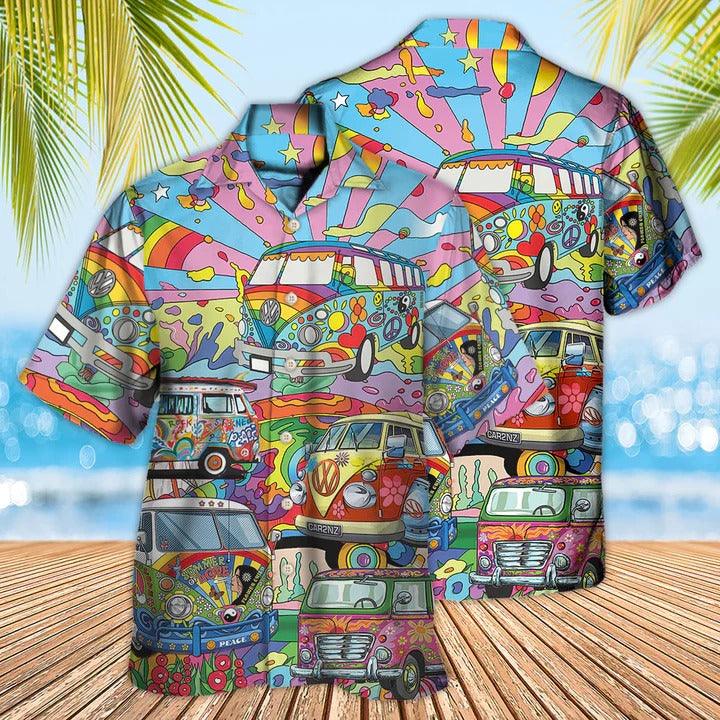 Hippie Aloha Hawaiian Shirt - Hippie Van Colorful Art Peace Hawaiian Shirt For Summer - Perfect Gift For Friend, Family - Amzanimalsgift