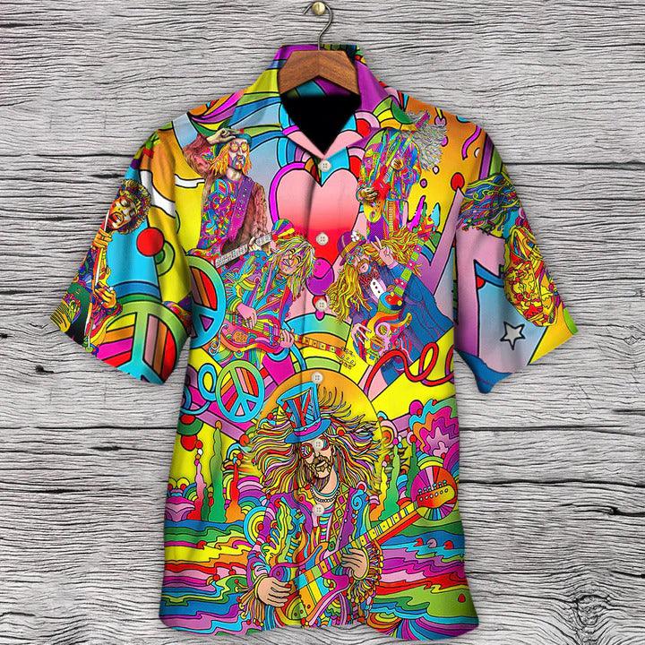 Hippie Aloha Hawaiian Shirt - Music Guitar Psychedelic Hippie Musician Hawaiian Shirt For Summer - Perfect Gift For Friend, Family - Amzanimalsgift