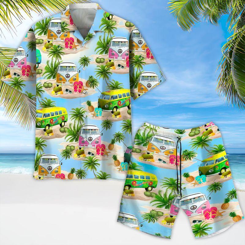 Hippie Aloha Hawaiian Shirts For Summer, Hippie Peace Bus Hippie Style Hawaiian Set For Men Women, Best Gift For Friend, Hippie Lovers, Vacation - Amzanimalsgift