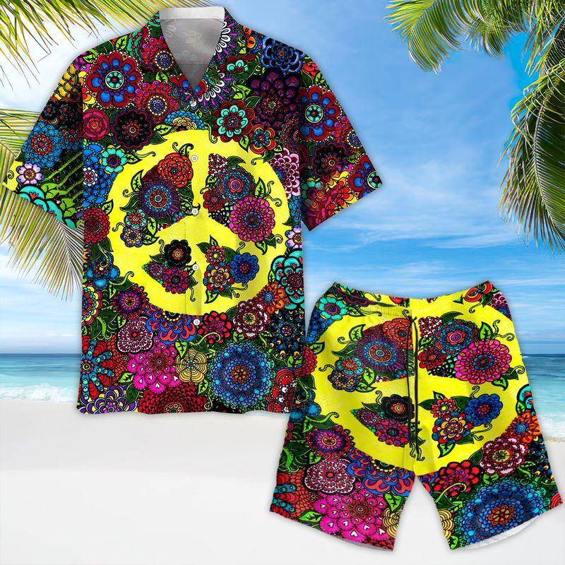 Hippie Aloha Hawaiian Shirts For Summer, Hippie Peace Flowers Hippie Style Hawaiian Set For Men Women, Best Gift For Friend, Hippie Lovers - Amzanimalsgift