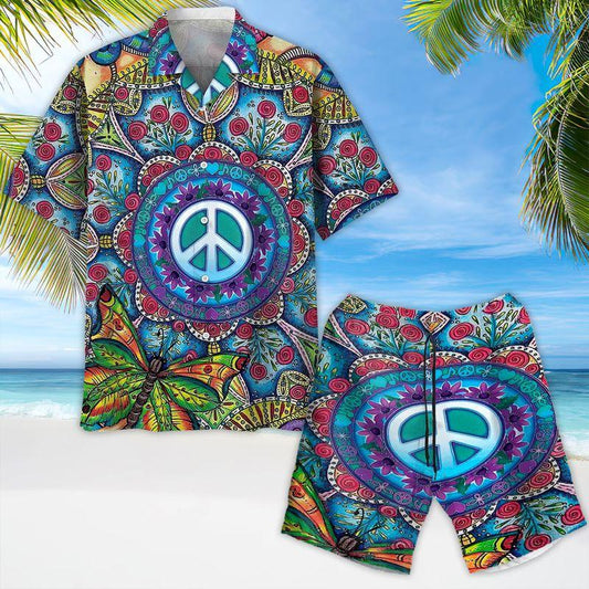 Hippie Aloha Hawaiian Shirts For Summer, Peace Mandala Style Hawaiian Set For Men Women, Best Gift For Friend, Hippie Lovers, Holiday - Amzanimalsgift