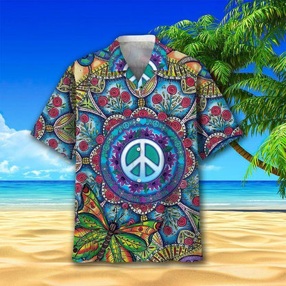 Hippie Aloha Hawaiian Shirts For Summer, Peace Mandala Style Hawaiian Set For Men Women, Best Gift For Friend, Hippie Lovers, Holiday - Amzanimalsgift