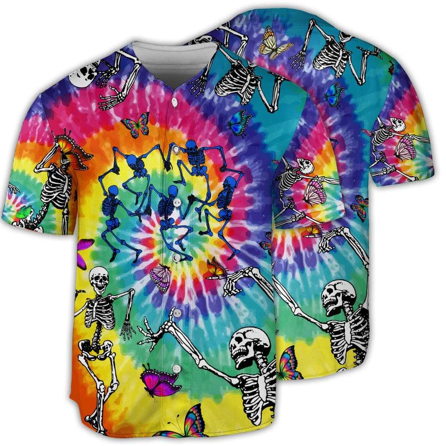 Hippie Baseball Jersey, Skull, Skull Hippie Dancing With Butterfly Baseball Tee Jersey Shirt For Men And Women - Perfect Gift For Hippie Lovers - Amzanimalsgift