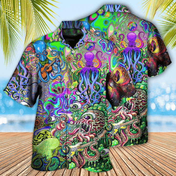 Hippie Hawaiian Shirt - Hippie Funny Octopus Love Music Colorful Ocean Hawaiian Shirt For Summer - Perfect Gift For Friend, Family - Amzanimalsgift
