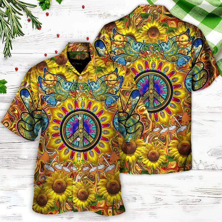 Hippie Hawaiian Shirt - Hippie Sunflowers Love Sunshine Yellow Amazing Style Hawaiian Shirt For Summer - Perfect Gift For Friend, Family - Amzanimalsgift
