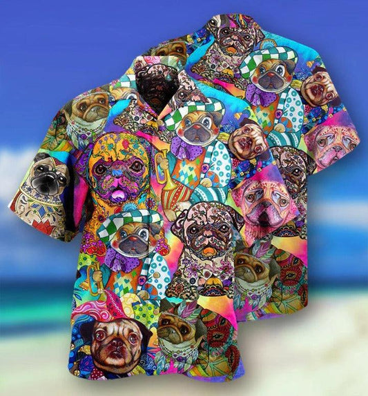 Hippie Pug Aloha Hawaii Shirt - Pug Dogs Colorful Cute Hawaiian Shirt For Summer - Perfect Gift For Dog Lovers, Friend, Family - Amzanimalsgift