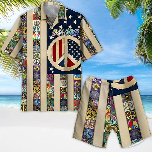 Hippie US Flag Aloha Hawaiian Shirts For Summer, Hippie Peace Pattern Hippie Style Hawaiian Set For Men Women, Best Gift For Friend, Hippie Lovers - Amzanimalsgift