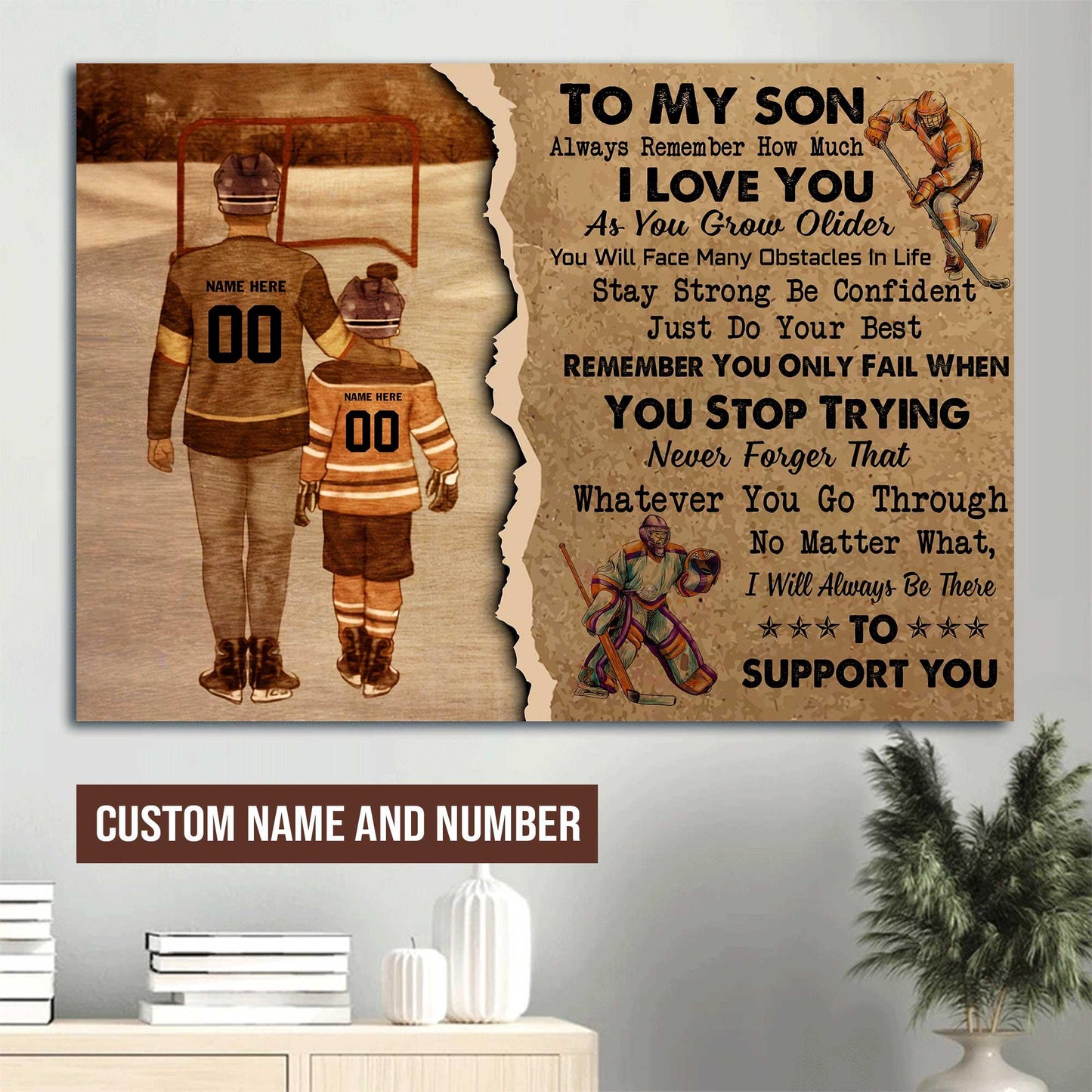 Hockey Landscape Canvas Custom Name & Number - To My Son I will Always Be There To Support You Personalized Canvas - Gift For Hockey Players, Family - Amzanimalsgift