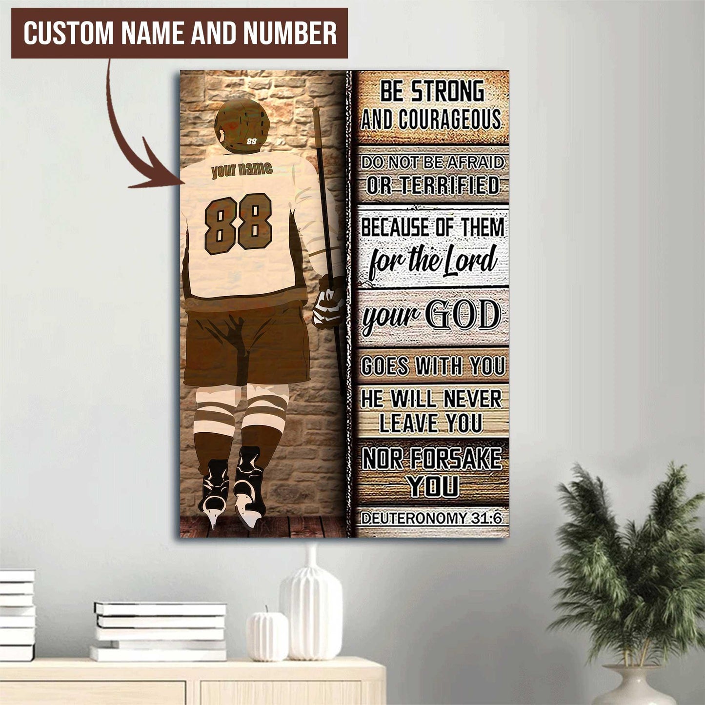 Hockey Portrait Canvas Custom Name and Number - Be Strong and Courageous Premium Wrapped Canvas - Gift For Hockey Players, Family, Friends - Amzanimalsgift