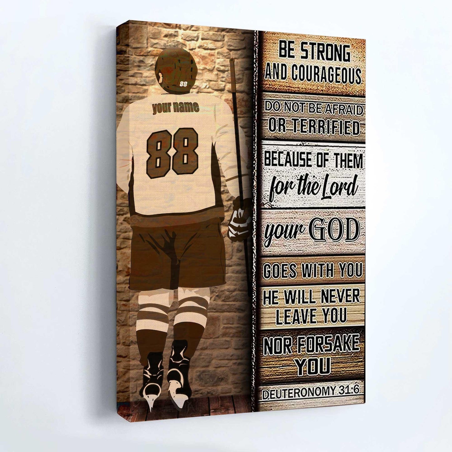 Hockey Portrait Canvas Custom Name and Number - Be Strong and Courageous Premium Wrapped Canvas - Gift For Hockey Players, Family, Friends - Amzanimalsgift