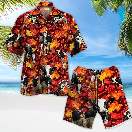 Holstein Friesian Cow Aloha Hawaiian Shirts For Summer, Cattle Autumn Leaf Pattern Hawaiian Set For Men Women, Gift For Friend, Farmer, Thanksgiving - Amzanimalsgift