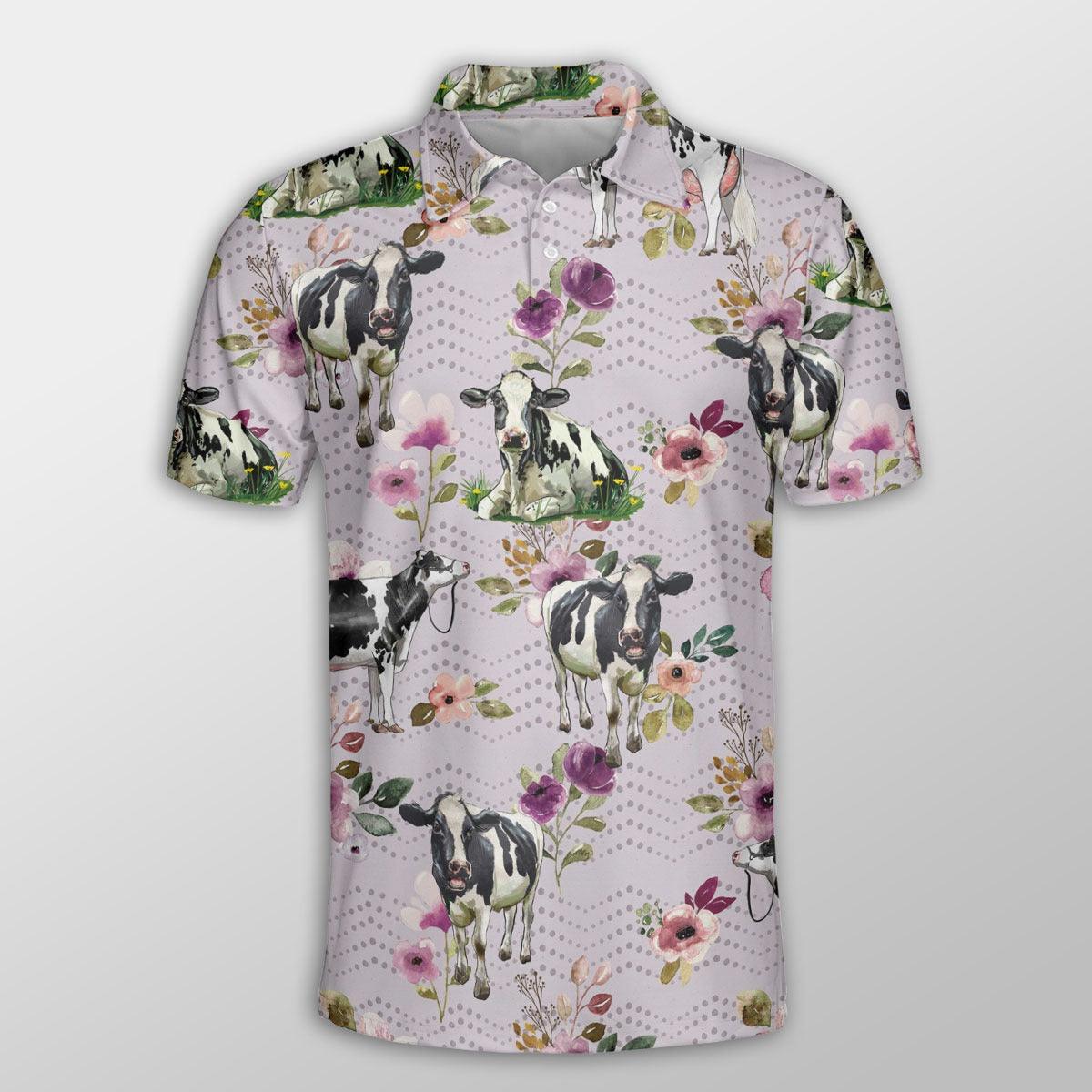 Holstein Men Polo Shirt For Summer - Holstein Autumn Amethyst Boho Floral Pattern Button Shirt For Men - Perfect Gift For Holstein Lovers, Animal Lovers - Amzanimalsgift
