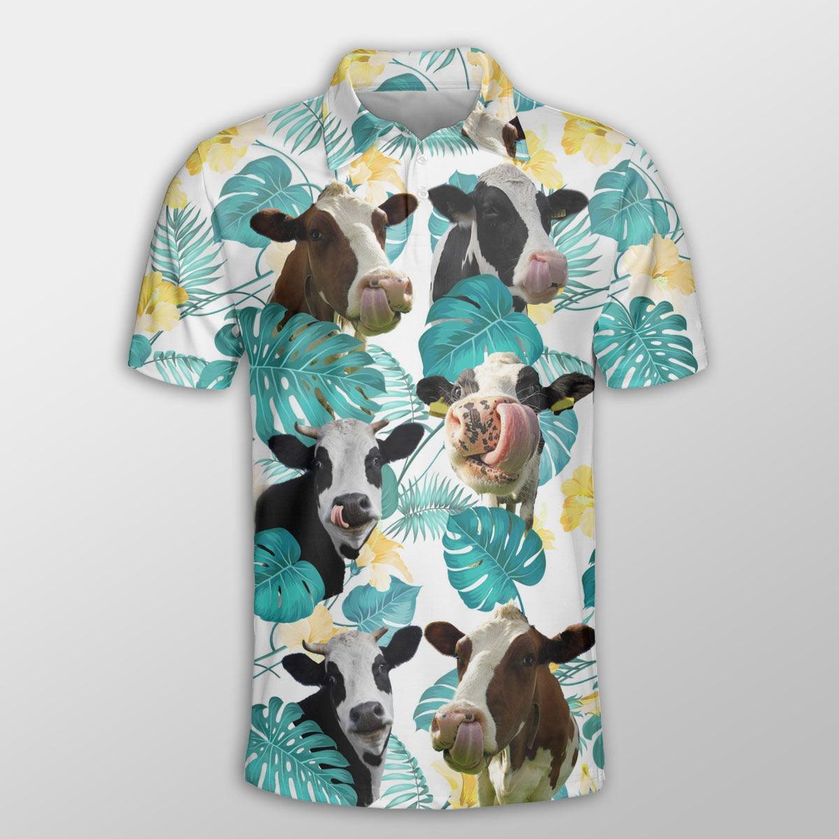 Holstein Men Polo Shirt For Summer - Holstein In Tropical Leaves Pattern Button Shirt For Men - Perfect Gift For Holstein Lovers, Animal Lovers - Amzanimalsgift