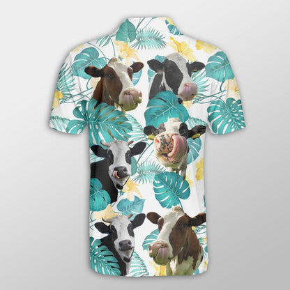 Holstein Men Polo Shirt For Summer - Holstein In Tropical Leaves Pattern Button Shirt For Men - Perfect Gift For Holstein Lovers, Animal Lovers - Amzanimalsgift