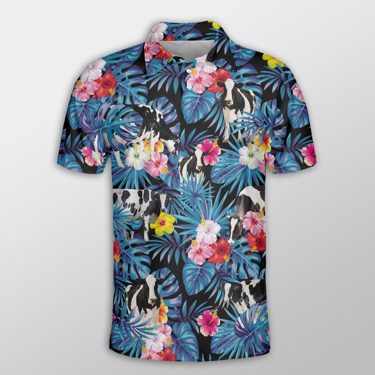 Holstein Men Polo Shirt For Summer - Holstein Tropical Flowers Leaves Pattern Button Shirt For Men - Perfect Gift For Holstein Lovers, Animal Lovers - Amzanimalsgift