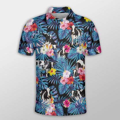 Holstein Men Polo Shirt For Summer - Holstein Tropical Flowers Leaves Pattern Button Shirt For Men - Perfect Gift For Holstein Lovers, Animal Lovers - Amzanimalsgift