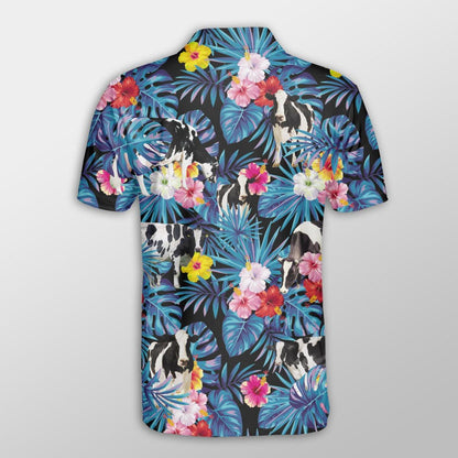 Holstein Men Polo Shirt For Summer - Holstein Tropical Flowers Leaves Pattern Button Shirt For Men - Perfect Gift For Holstein Lovers, Animal Lovers - Amzanimalsgift