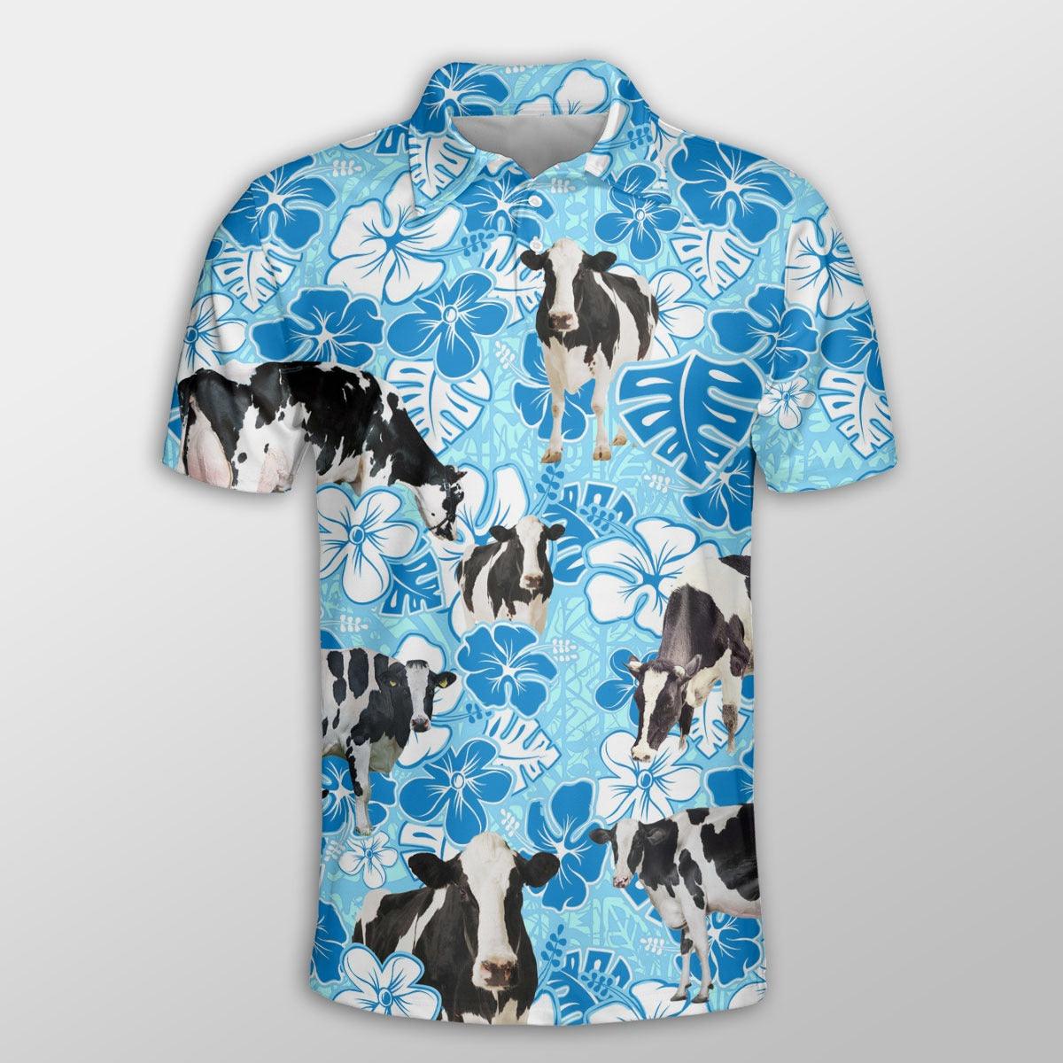 Holstein Men Polo Shirts - Holstein Blue Floral Pattern Shirt For Men - Perfect Gift For Holstein Lovers, Cattle Lovers - Amzanimalsgift