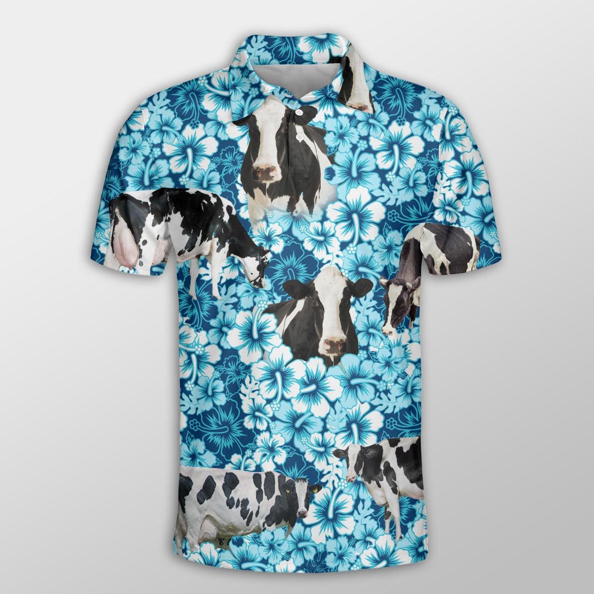 Holstein Men Polo Shirts - Holstein Blue Hibiscus Pattern Shirt For Men - Perfect Gift For Holstein Lovers, Cattle Lovers - Amzanimalsgift