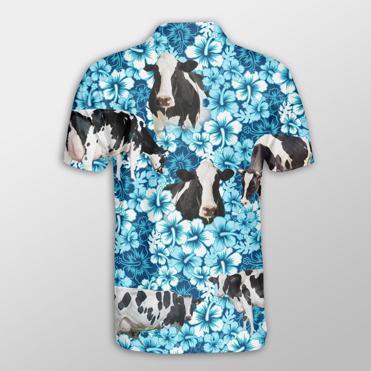 Holstein Men Polo Shirts - Holstein Blue Hibiscus Pattern Shirt For Men - Perfect Gift For Holstein Lovers, Cattle Lovers - Amzanimalsgift