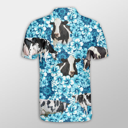 Holstein Men Polo Shirts - Holstein Blue Hibiscus Pattern Shirt For Men - Perfect Gift For Holstein Lovers, Cattle Lovers - Amzanimalsgift