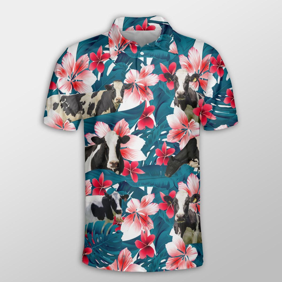 Holstein Men Polo Shirts - Holstein Tropical Floral Pattern Farm Lovers Shirt For Men - Perfect Gift For Holstein Lovers, Cattle Lovers - Amzanimalsgift