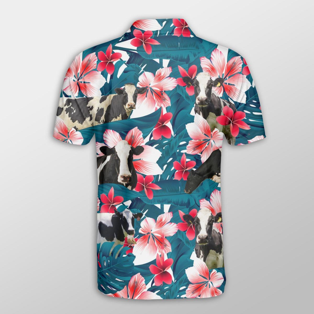 Holstein Men Polo Shirts - Holstein Tropical Floral Pattern Farm Lovers Shirt For Men - Perfect Gift For Holstein Lovers, Cattle Lovers - Amzanimalsgift