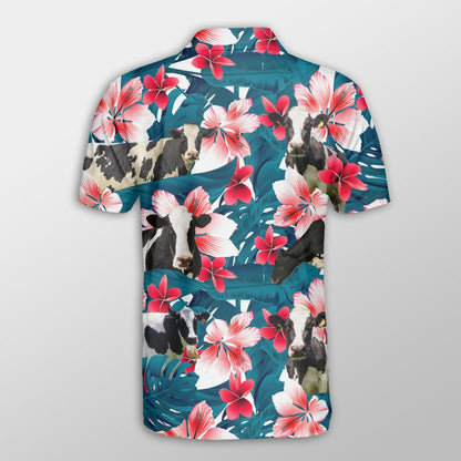 Holstein Men Polo Shirts - Holstein Tropical Floral Pattern Farm Lovers Shirt For Men - Perfect Gift For Holstein Lovers, Cattle Lovers - Amzanimalsgift