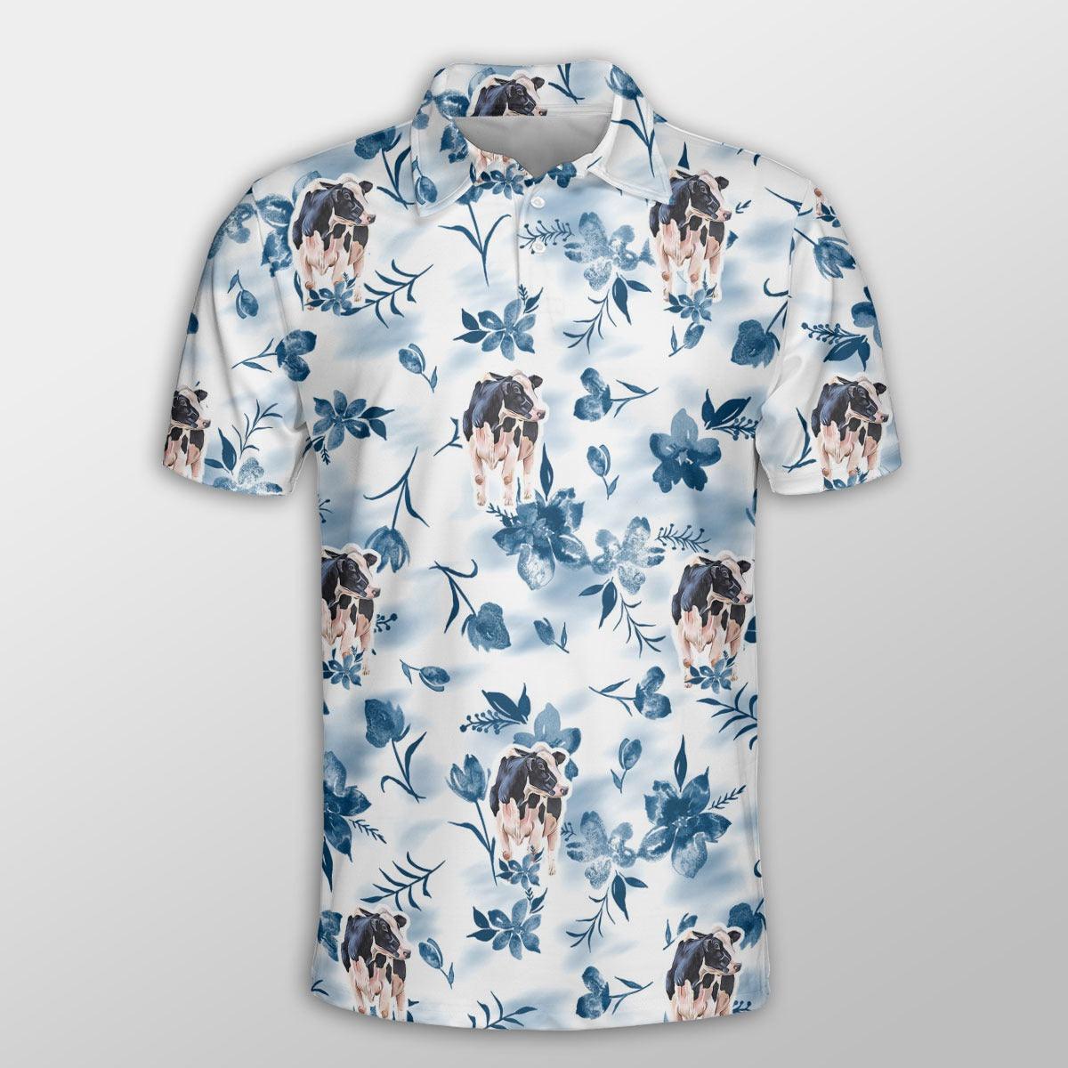 Holstein Men Polo Shirts - Holstein Watercolor Flowers and Leaves Tie Dye Pattern Shirt For Men - Perfect Gift For Holstein Lovers, Cattle Lovers - Amzanimalsgift