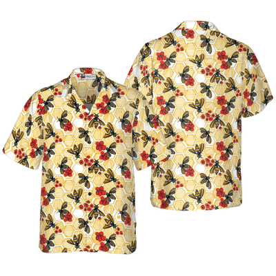 Honey Bee Hexagon Hawaiian Shirt, Bee And Red Flowers Aloha Shirt For Men - Perfect Gift For Husband, Boyfriend, Friend, Family - Amzanimalsgift