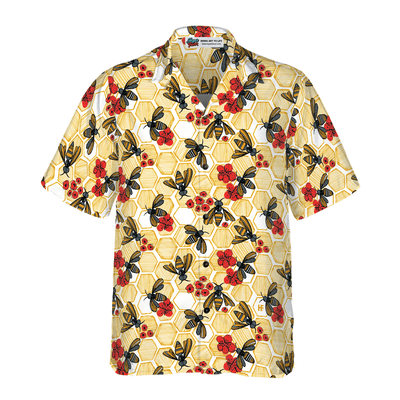 Honey Bee Hexagon Hawaiian Shirt, Bee And Red Flowers Aloha Shirt For Men - Perfect Gift For Husband, Boyfriend, Friend, Family - Amzanimalsgift