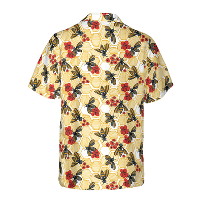 Honey Bee Hexagon Hawaiian Shirt, Bee And Red Flowers Aloha Shirt For Men - Perfect Gift For Husband, Boyfriend, Friend, Family - Amzanimalsgift