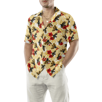 Honey Bee Hexagon Hawaiian Shirt, Bee And Red Flowers Aloha Shirt For Men - Perfect Gift For Husband, Boyfriend, Friend, Family - Amzanimalsgift