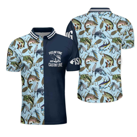 Hook And Fish Seamless Pattern Fishing Men Polo Shirt, Feelin' Fine And Castin' Line Fishing Shirt For Men, Gift For Fishing Lovers - Amzanimalsgift