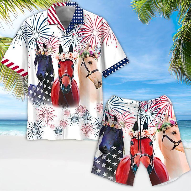 Horse And Flowers Aloha Hawaiian Shirts For Summer, USA Flag Independence Day Fireworks Hawaiian Set For Men Women, Gift For Friend, 4th Of July - Amzanimalsgift