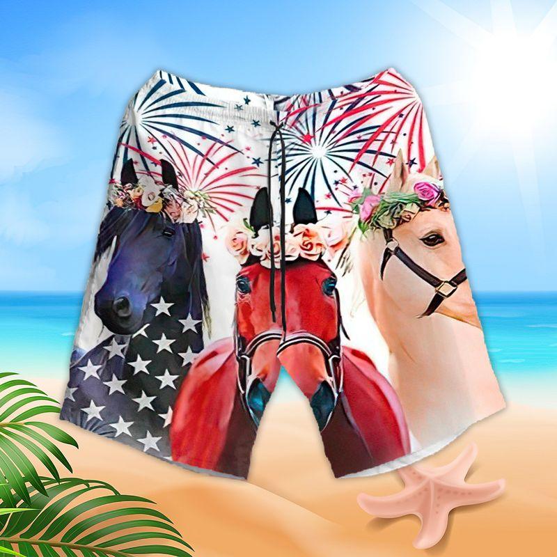 Horse And Flowers Aloha Hawaiian Shirts For Summer, USA Flag Independence Day Fireworks Hawaiian Set For Men Women, Gift For Friend, 4th Of July - Amzanimalsgift