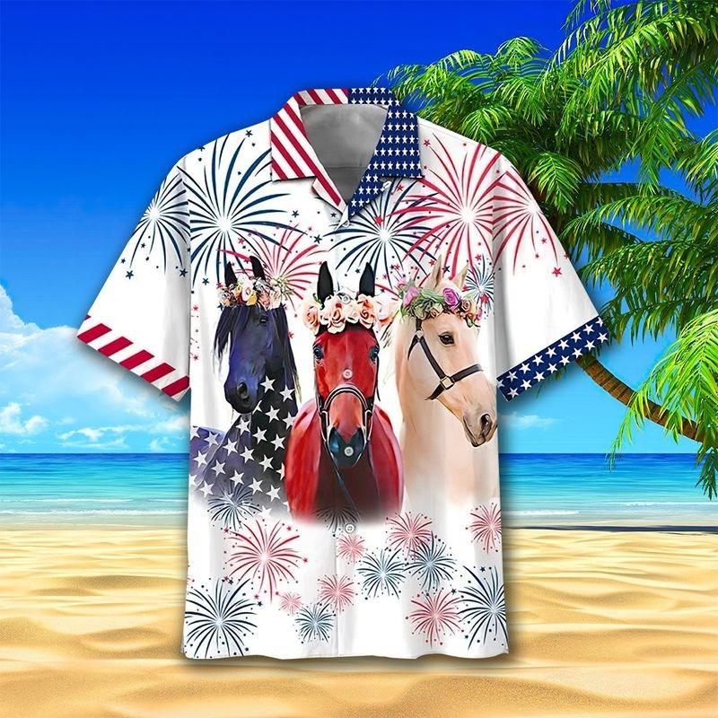 Horse Cattle Aloha Hawaiian Shirt - Horse And Flowers Hawaiian Shirt, USA Flag Independence Day Fireworks Hawaiian Shirt For Men & Women - Amzanimalsgift