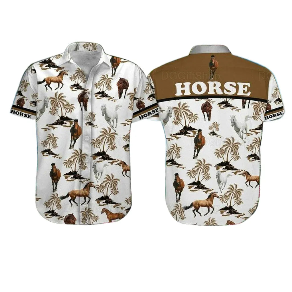 Horse Dog Aloha Hawaiian Shirt - Horse Wild Animal Hawaiian Shirt, Palm Tree Pattern Hawaiian Shirt For Men & Women, Horse Lover - Amzanimalsgift