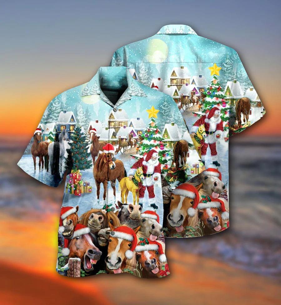 Horse Hawaiian Shirt For Summer - Horse And Santa Claus Merry Christmas Hawaiian Shirt - Perfect Gift For Men, Horse Lovers, Christmas Gifts - Amzanimalsgift