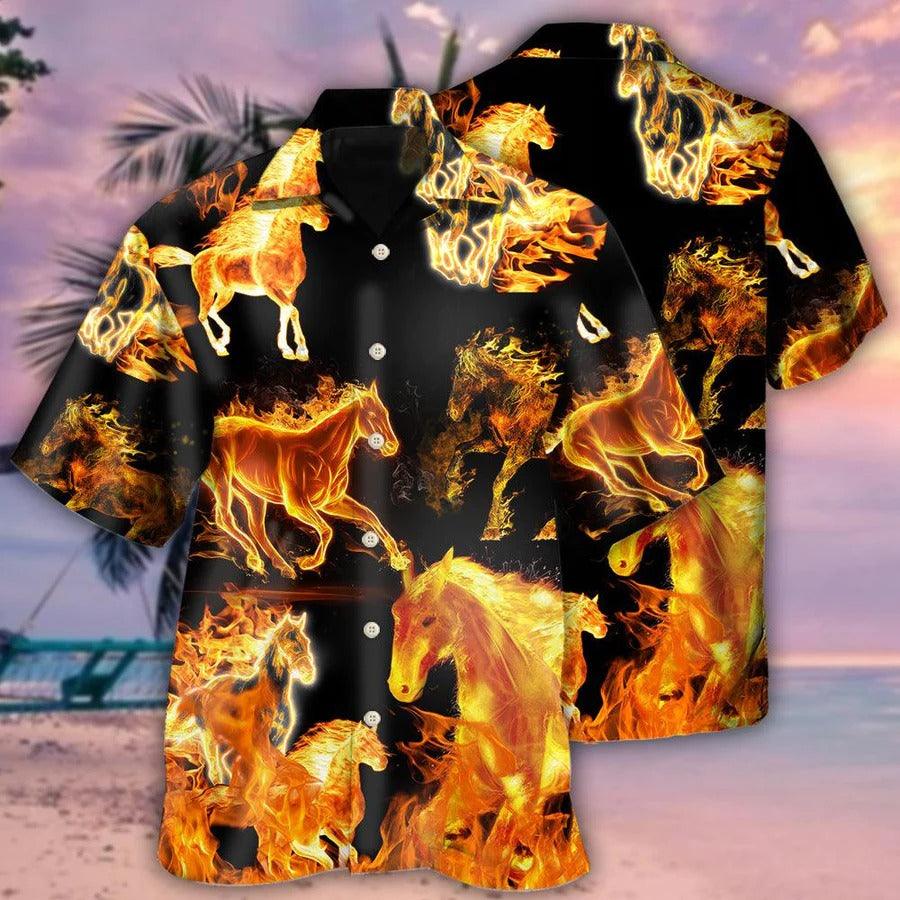 Horse Hawaiian Shirt For Summer - Horse Fire Forse Black Style Hawaiian Shirt - Perfect Gift For Men, Horse Lovers - Amzanimalsgift