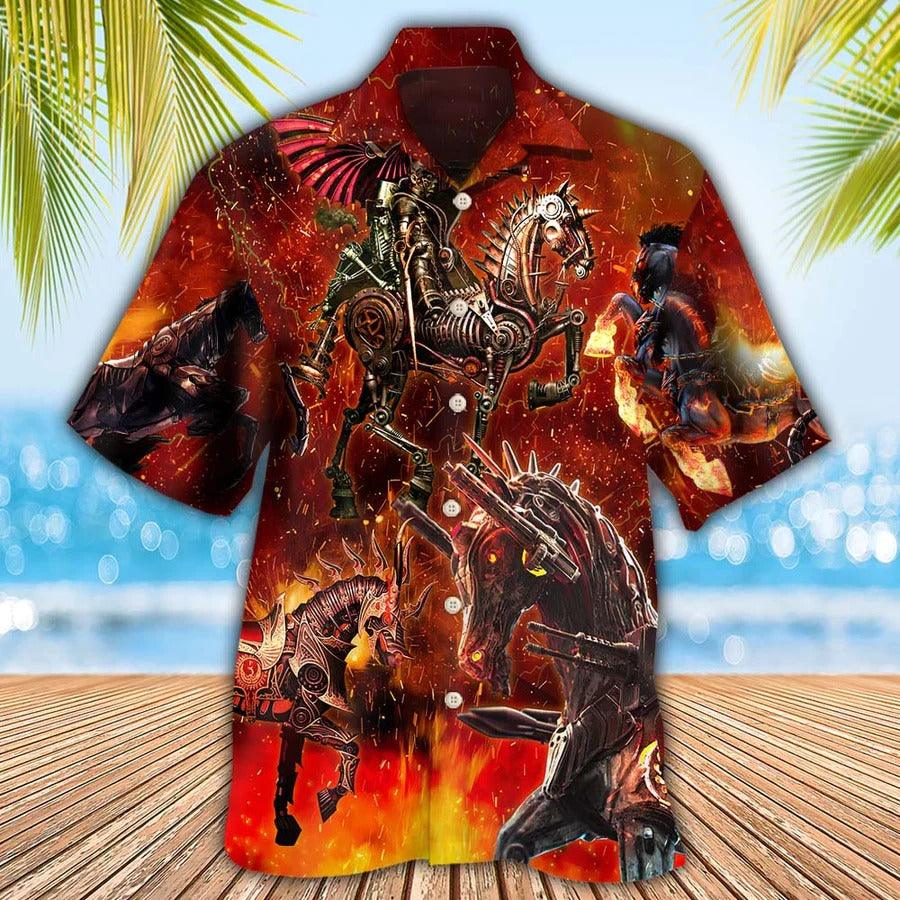 Horse Hawaiian Shirt For Summer - Horse Knight Horse Armor Hawaiian Shirt, Fire Mechanical Horse Hawaiian Shirt - Perfect Gift For Men, Horse Lovers - Amzanimalsgift