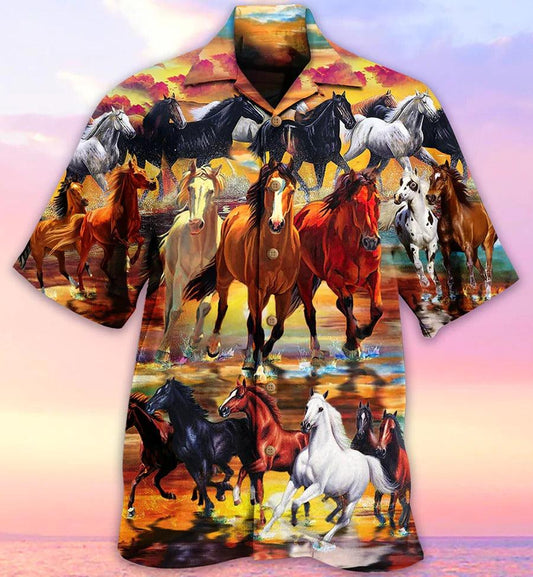 Horse Hawaiian Shirts For Summer - Herd Of Horses Running On The Water Hawaiian Shirt - Perfect Gift For Men, Horse Lovers - Amzanimalsgift