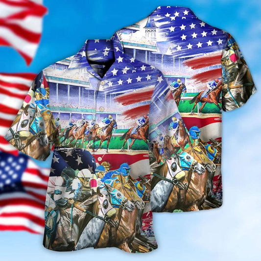 Horse Hawaiian Shirts For Summer - Horse American Flag Horse Racing Hawaiian Shirt - Perfect Gift For Men, Horse Racing Lovers - Amzanimalsgift