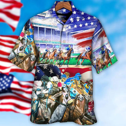 Horse Hawaiian Shirts For Summer - Horse American Flag Horse Racing Hawaiian Shirt - Perfect Gift For Men, Horse Racing Lovers - Amzanimalsgift